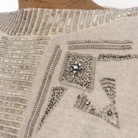 Vintage 80s Anne Klein Cream Lambswool Angora Beaded Batwing Sweater Size Medium - Picture 5 of 13